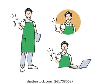 Male Guide Character – Versatile Profession Set. A man guiding in various outfits. Great for business, service, and app tutorials. Perfect for web, promo, and educational content.