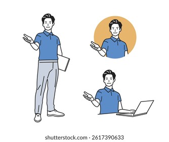 Male Guide Character – Versatile Profession Set. A man guiding in various outfits. Great for business, service, and app tutorials. Perfect for web, promo, and educational content.