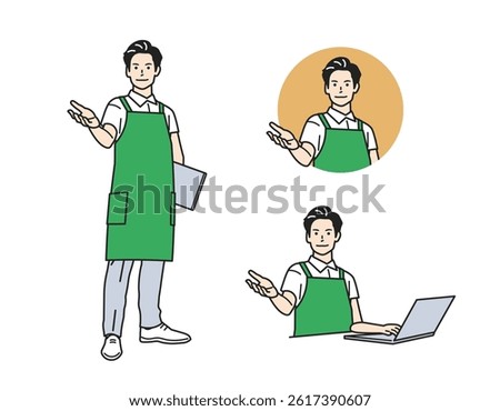 Male Guide Character – Versatile Profession Set. A man guiding in various outfits. Great for business, service, and app tutorials. Perfect for web, promo, and educational content.
