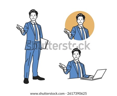 Male Guide Character – Versatile Profession Set. A man guiding in various outfits. Great for business, service, and app tutorials. Perfect for web, promo, and educational content.