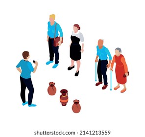 Male guide conducting excursion in historical museum with ancient exhibits for tourists of different age isometric vector illustration