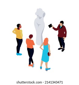 Male guide telling about ancient statue on excursion along museum 3d isometric vector illustration