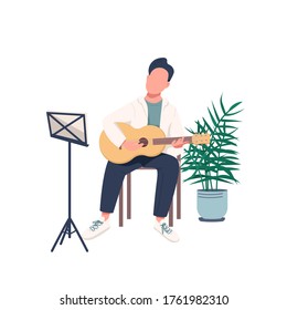 Male Guitarist Flat Color Vector Faceless Character. Man With Acoustic Guitar. Guy Learn New Skill. Activity For Pastime. Musician Isolated Cartoon Illustration For Web Graphic Design And Animation