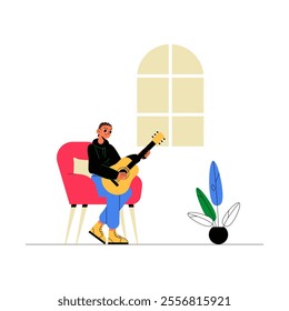 Male Guitarist In Flat Vector Illustration Symbolizing Music, Relaxation, And Creativity, Isolated On White Background