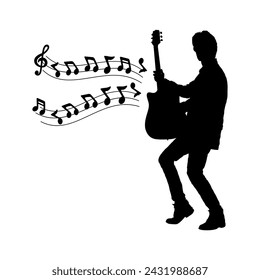 Male guitarist playing acoustic guitar with musical notes vector silhouette.