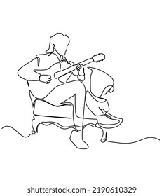 A male guitarist plays guitar music instrument. Single line continuous drawing. Vector illustration for musical concept poster or banner