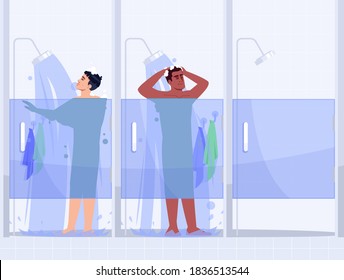 Male Gym Shower Semi Flat Vector Illustration. People In Public Shower Cabins Row. Man Washing With Soap. Cleanliness And Hygiene. Multiethnic Men 2D Cartoon Characters For Commercial Use