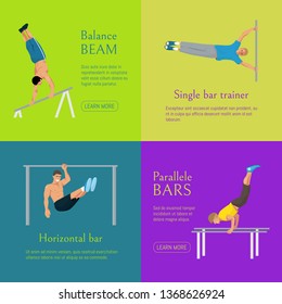 Male gymnast banner vector illustration. Competitive gymnastic. Horizontal bar. Parallel bars. Balance beam. Athlete man. Exercising men in different poses. Sportsman training. Web design.