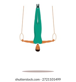 Gimnasta masculino que ejecuta una maniobra al revés en anillos gimnásticos, mostrando fuerza y habilidad