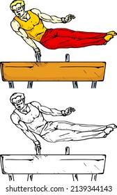 Male gymnast exercise on the pommel horse apparatus. Hand drawn vector illustration.