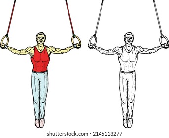 Male gymnast perform the iron cross pose on the roman ring apparatus. Hand drawn vector illustration.