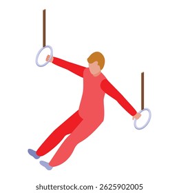 O ginasta masculino vestindo um terno de ginástica vermelho está se segurando em anéis