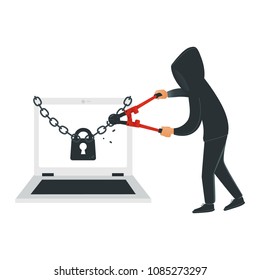 Male hacker in black clothes hacks laptop security to steal information and data isolated on white background. Cartoon vector illustration of computer thief breaking lock on device.