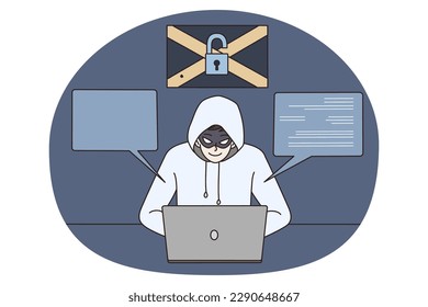 Hackers machos en capucha y máscara usan laptop para robar datos personales en internet. Programa de hackeo a un ladrón cibernético en una computadora. Concepto de seguridad y protección de la información en línea. Ilustración vectorial.