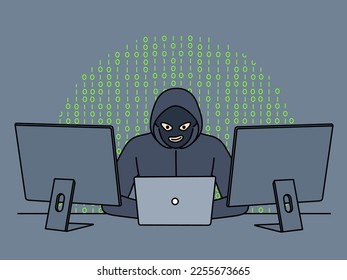 Male hacker in hoodie and mask sit at table work on computers steal personal information. Anonymous criminal hack programs and websites on PC. Vector illustration. 