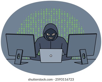 Male hacker in hoodie and mask sit at table work on computers steal personal information. Anonymous criminal hack programs and websites on PC. Vector illustration.