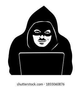 Männlicher Hacker auf einem Laptop. Schwarze Silhouette mit geschlossenem Gesicht. Cyberangriff. Vektorgrafik.