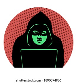 Male hacker at a laptop. Black silhouette with a closed face. Cyber attack. Vector illustration pop art.