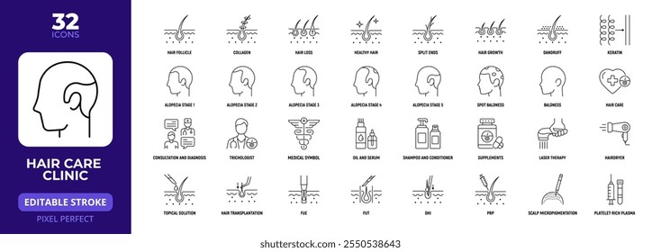 Male Hair Loss Treatment  Line Icon Set, Alopecia, Hair Follicle, Transplantation, Thichology, Areata, Editable Stroke.
