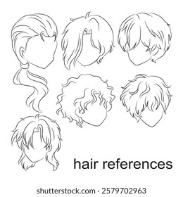 Male hair style set in line vector illustration. Abstract sketch silhouettes and portraits of stylish man boy heads with different curly glamour hairstyles. Fashion, hairdressers salon concept