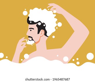 Male hair washing with shampoo. Flat vector stock illustration. Beard wash and bubble foam. Hair care. Men's hygiene, body cleaning. Cosmetic shampoo for care. Yellow illustration