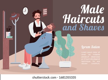 Male haircuts and shaves banner flat vector template. Brochure, poster concept design with cartoon characters. Man hairstylist cut and trim beard horizontal flyer, leaflet with place for text