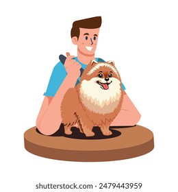 Personaje de peluquero masculino que recorta perro lindo en el salón. Tienda de aseo y aseo de mascotas, tienda de aseo de perros, cuidado profesional de mascotas. Ilustración vectorial de Personas de dibujos animados.