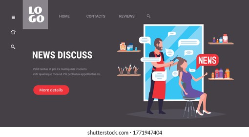 male hairdresser cutting hair tips of woman client and discussing daily news chat bubble communication concept beauty salon horizontal full length copy space vector illustration