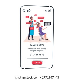 male hairdresser cutting hair tips of woman client and discussing daily news chat bubble communication concept smartphone screen mobile app full length vector illustration