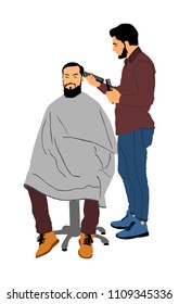 Male hairdresser with shewing machine and comb vector. Man client in barber's chair getting haircut by hair stylist in salon. Hairstylist serving customer at barber shop. Long beard mustache