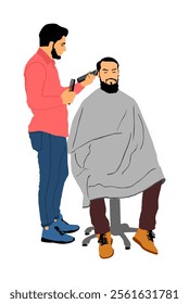 Male hairdresser with shewing machine and comb vector. Man client in barber's chair getting haircut by hair stylist in salon. Hairstylist serving customer at barber shop. Long beard mustache