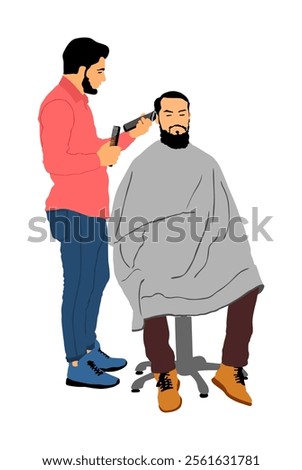 Male hairdresser with shewing machine and comb vector. Man client in barber's chair getting haircut by hair stylist in salon. Hairstylist serving customer at barber shop. Long beard mustache