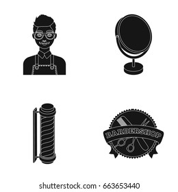 Male hairdresser, sign, mirror and other equipment for a hairdresser.Barbershop set collection icons in black style vector symbol stock illustration web.