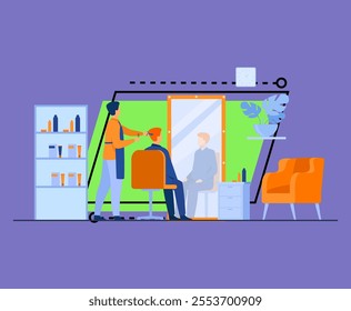 Male hairdressing beauty salon interior isolated flat vector illustration. Cartoon stylist or beautician cutting client hair in barbershop. Appearance and beauty concept