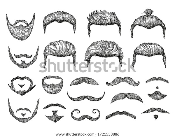 Male hairs sketch. Beard, mustache facial elements.\
Hand drawn hipster haircuts. Isolated fashion models barber shop\
hairstyles vector set
