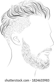 Dibujo vectorial de barba y peinado masculino, ilustración dibujada a mano en blanco y negro