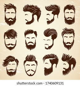 Male hairstyle. Beauty haircut salon for man styling barber shaved grooming vector collection