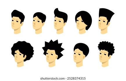 Male hairstyle design bundle. Short, long, straight, curly, spiky, hair model template.