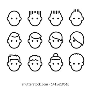 Male hairstyles icon set. Simple man face pictograms with different haircuts. Isolated vector illustration collection.