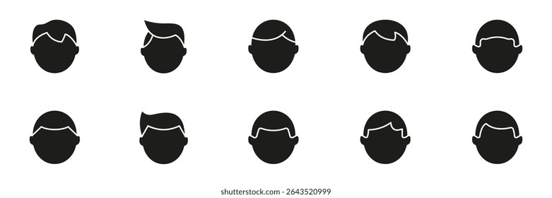 Male Hairstyles Silhouette Icon Set. Diverse Men Haircuts And Styles Silhouette Symbol Collection. Hair Fashion And Grooming Concepts. Isolated Vector Illustration.