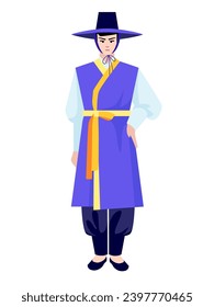 Male Hanbok - modern flat design style single isolated image. Neat detailed illustration of man wearing hat, cheogori and paji - wide trousers with ties at the bottom. National Korean clothes idea