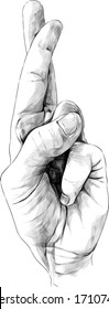 male hand brush with two crossed fingers gestures for the mute, sketch vector graphics monochrome drawing on a white background