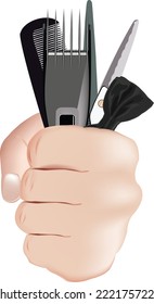 male hand clutching barber equipment-