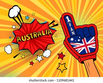 Male hand in the country flag glove of a sports fan raised up celebrating win and Belgium speech bubble with stars and clouds. Vector colorful illustration in retro comic style on white background