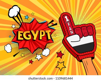 Male hand in the country flag glove of a sports fan raised up celebrating win and Egypt speech bubble with stars and clouds. Vector colorful illustration in retro comic style on white background