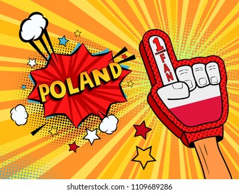 Male hand in the country flag glove of a sports fan raised up celebrating win and Poland speech bubble with stars and clouds. Vector colorful illustration in retro comic style colored background