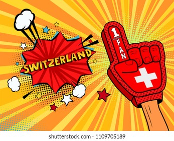 Male hand in the country flag glove of a sports fan raised up celebrating win and Switzerland speech bubble with stars and clouds. Vector colorful illustration in retro comic style colored background