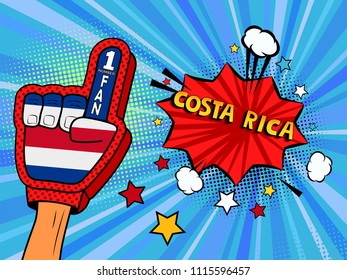 Male hand in the country flag glove of a sports fan raised up celebrating win and Costa Rica speech bubble with stars and clouds. Colorful illustration in retro comic style  on blue cartoon background