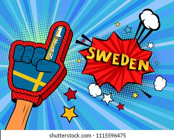 Male hand in the country flag glove of a sports fan raised up celebrating win and Sweden speech bubble with stars and clouds. Colorful illustration in retro comic style  on blue cartoon background