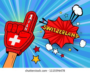 Male hand in the country flag glove of a sports fan raised up celebrating win and Switzerland speech bubble stars and clouds. Colorful illustration in retro comic style  on blue cartoon background